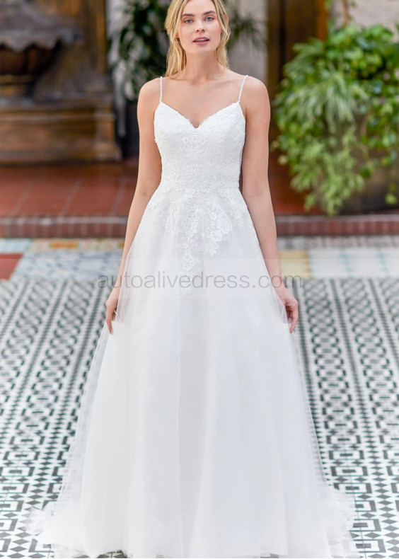 Beaded Spaghetti Straps Ivory Lace Tulle Unique Wedding Dress Beaded Spaghetti Straps Ivory Lace Tulle Unique Wedding Dress